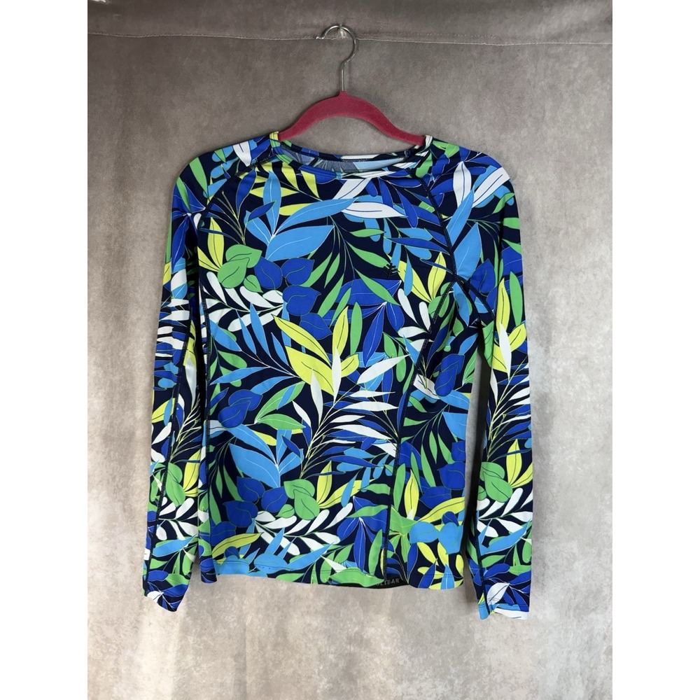 Coolibar Women's Hightide Long Sleeve Swim Shirt UPF In Blue Green Leaves Size S